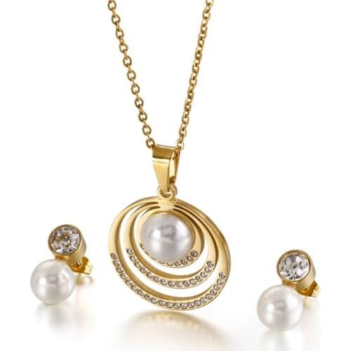 New Korean version of simple round pearl set two-piece Stainless steel Necklance Pendants and Earrings Jewelry sets