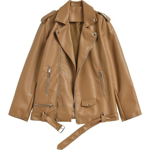 2021 Autumn Women Black Faux Pu Leather Jacket With belt Casual Female Motorcycle Biker Leather Outerwear Korean Chaqueta mujer