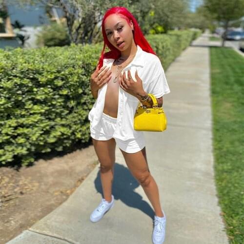 TNNAOFF Summer Sexy Solid Two Piece Home Set for Women Short Sleeve Button Shirt Tops Fashion Shorts Loungewear Matching Sets