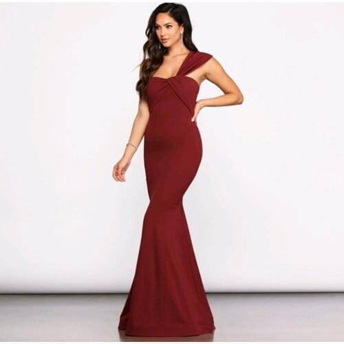 One Shoulder Burgundy Summer Maxi Dress Strapless Sleeveless Bodycon Stretchy Long Prom Gown