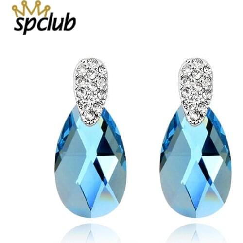 Exquisite Crystals From Swarovski Water Drop Blue Stud Earrings For Women Unique Shining Crystal Wedding Trendy Fashion Jewelry