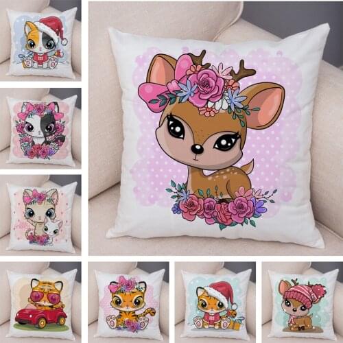 Nordic Cat Deer Tiger Pillow Case Decor Cute Cartoon Animal Cushion Cover for Sofa Home Children Room Soft Plush Pillowcase