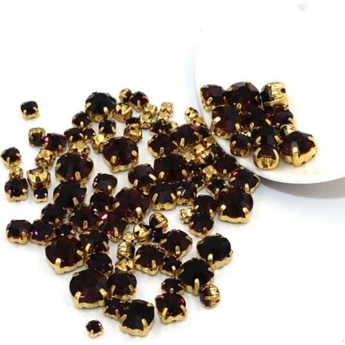 New 100pcs/bag Mixed size Deep purple glass strass crystal Clothing loose beads gold base sewing rhinestones diy Wedding dress