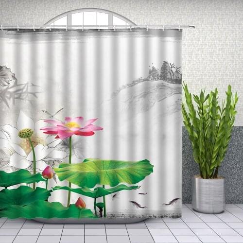 Summer Flowers White Lotus Green Lotus Leaf Shower Curtains Bathroom Decor Waterproof Polyester Cloth Curtain Set Cheap