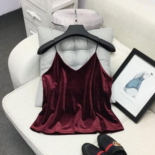 ALPHALMODA 2017 Autumn Winter Brief Solid Velvet Sling Top V collar Short Suspenders Velvet Bottoming Shirt