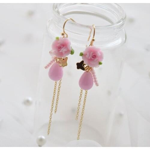 New Earrings 14K package gold color preserving handmade rose stone temperament crystal Tassel Earrings female ear clip