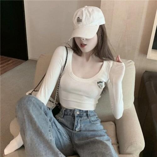 Woman Sweaters Womens Long Sleeve Short White Color Inner Wear Slim Round Neck Tight Black Sexy Navel Early Spring Top