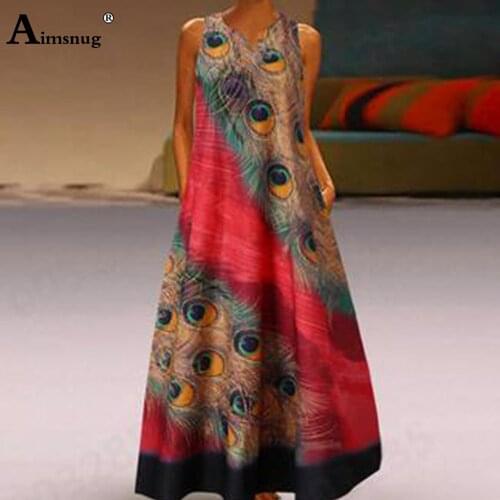 2020 Plus size Women Elegant Long Dress Spliced Peacock Print Party Dresses Summer Sleeveless Ladies Vintage Maxi Dress Femme