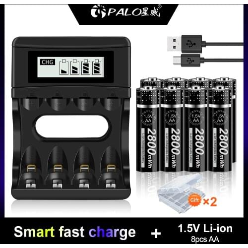 PALO 1.5V AA Rechargeable Battery AA 1.5 V Rechargeable 2800mWh Lithium Li-ion Batteries + 1pcs 4-cell Battery Charger