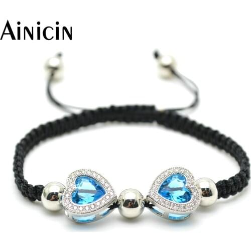 1pc Super High Quality Blue Glass Crystal CZ Setting Double Heart Charms Adjustable Bracelets Fashion Handmade Christmas Gift 3