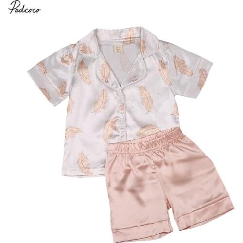 2020 0-6Y Summer Kids Girls Pajama Sets Silk 2pcs Feather Print Short Sleeve Button Fly Tops+Pink Shorts Soft Sleepwear Set