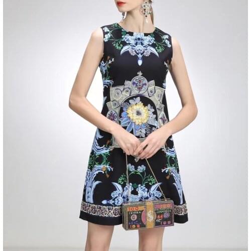 2021 Designer Fashion Summer Vintage Dress Runway New Design Beading Diamonds Women Navy Elegant Tank Dresses