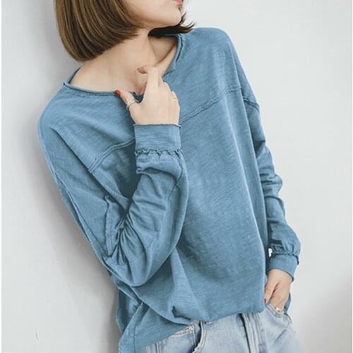 2021 Summer New Cotton Women T-Shirts O-Neck Loose Long-Sleeved Blue Pink White Casual All Match Female Pulls Tops Tees