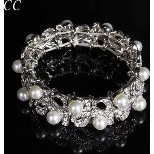 White Gold color Simulated Pearl Austrian Crystal Bracelet Bangles for Women Wedding Party Fashion Jewelry Bijoux Femme CCHE010