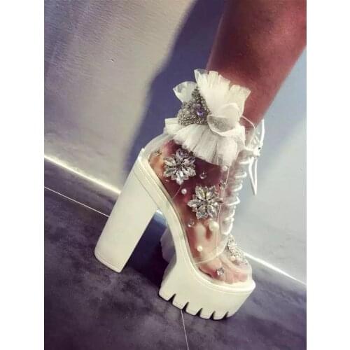 2019 Newest Transparent PVC Women Lace Patchwork Ankle Boots Super High Platform Ladies Luxury Crystal Chunky Heel Lace Up Boots