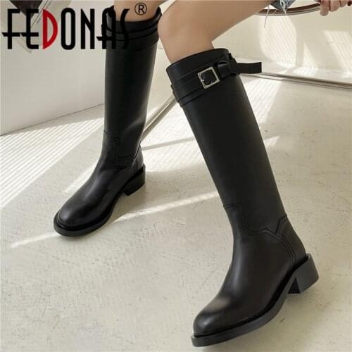 FEDONAS New Buckle Women Knee-High Boots Fashion Concise Basic Genuine Leather Autumn Winter Round Toe Thick Heels Shoes Woman