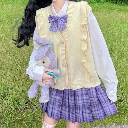 Sweet Knit Cardigan Top Preppy Style Solid Women Sweater Japanese Soft Girl Aesthetic V-Neck Sleeveless A-Straight Costume