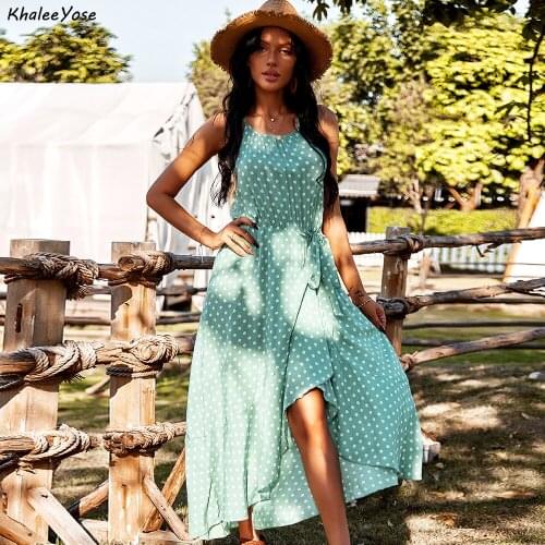 KHALEE YOSE Vintage Green Polka Dot Strappy Dresses Summer Sleeveless Sexy Women Dresses Ruffles Ladies Casual Female Dress