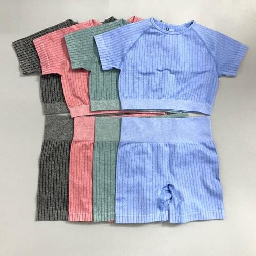 New Sports Knitted Fitness Womens Tracksuit Gym Clothing Short Sleeve Crop Top High Waist Seamless Leggings Yoga Set Sportswear