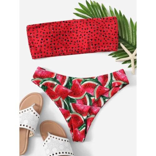 Swimwear Women watermelon Print Tube top Two Pieces Bikini Push-Up Swimsuit Beachwear Print Padded Bra Beach Bikini Set Monokini