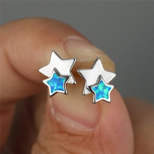 Cute Bride Small Star Stud Earrings Simple Fashion White Blue Opal Stone Earrings Dainty Silver Color Wedding Earrings For Women