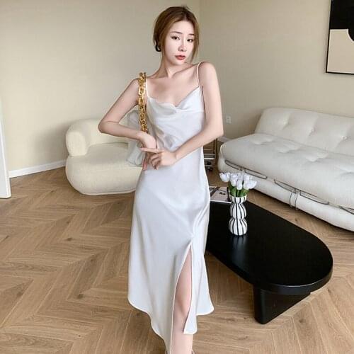 Fashion Summer Vintage Acetate Sleeveless Midi Party Dress Ladies Elegant Sexy Strap Swinging Collar Beach Split Satin Dress