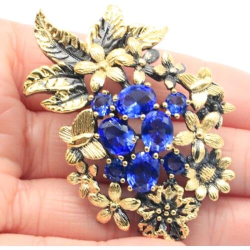 57x39mm Neo-Gothic Vintage 19g Created Deep Blue Sapphire Iolite For Women Black Gold Silver Pendant Bohemia Design