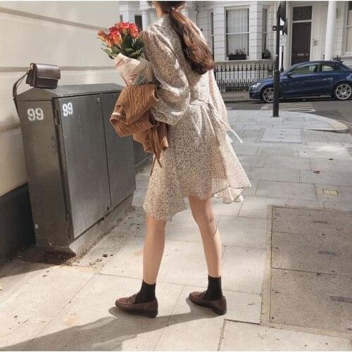 New Autumn Girls Dress Women Vintage Casual Long Sleeve print chiffon Dresses Female O neck White Dress Boho Robe Femme Vestido