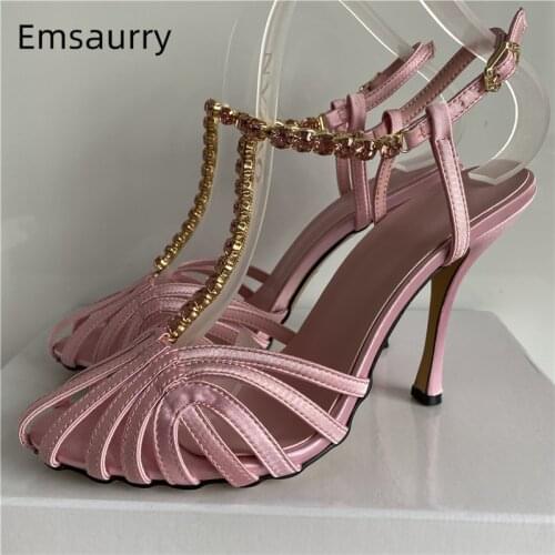 Diamond Rhinestone T-Strap Sandals For Girls 10cm Thin High Heels Luxury Satin Narrow Band Summer Sandalias Mujer