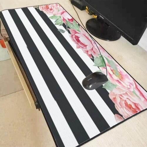 XGZ Black White Background Pink Flowers Gaming Mouse Pad Gamer Locking Edge Keyboard Mouse Mat for CS GO LOL Dota Game 40X90CM