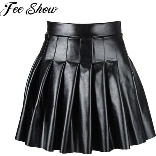 Women Girls High Waist PU Leather Pleated Skirt Sexy Ladies Solid Color Side Invisible Zipper A-line Flared Miniskirt Clubwear