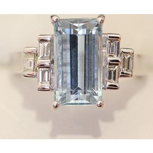 Huitan Gorgeous Light Blue Rectangular CZ Women Rings High Quality Silver Color Evening Party Accessories Gift Trendy Jewelry