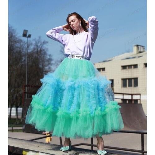 Feminine Cyan and Sky Blue Ankle-Length Tulle Skirts Elastic Waist Womens Party Skirt Tiered Ruffles Summer Street Wear Skirt