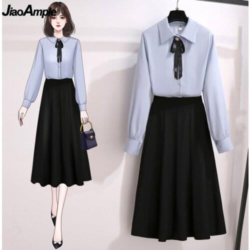 2021 Autumn New Womens Two Pieces Set Office Lady Graceful Bow-Knot Long Sleeve Top+high Waist Skirts Suit Blue Shirt Female