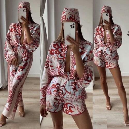 Indie Folk Print Vintage Set Women Turn-down Collar Button Blouse + Shorts Suit New Spring Autumn Long Sleeve Outfits With Scarf