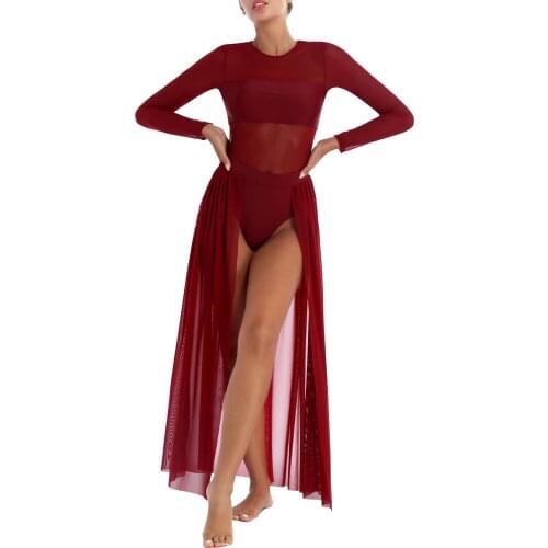 Womens Ballet Latin Dance Dress Dancewear Round Neck Long Sleeve Transparent Mesh Patchwork Skirted Ballet Leotard Dance Dresses