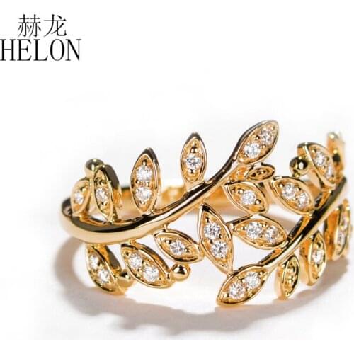 HELON Solid 10K Rose/Yellow/White Gold 0.17ct Natural Diamond Women Engagement Wedding Women Trendy Leaf style Fine Jewelry Ring