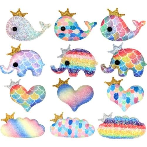 10Pcs Glitter Patches Elephant Dolphin Heart Crown Cloud Patch DIY Hair Clips Accessories Rainbow Appliques Sew On Baby Clothes
