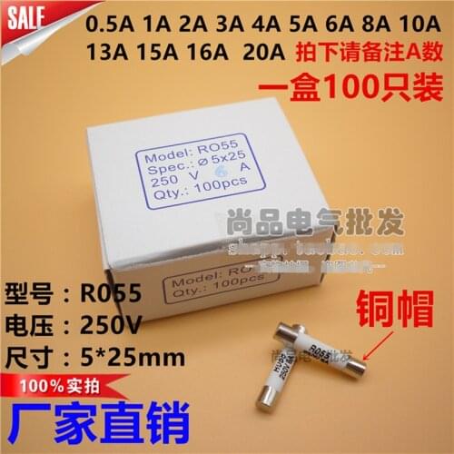 100PCS/lot Ceramic fuse tube RO55 R055 5*25 5x25MM 0.5A1A3A6A8A10A16A20A