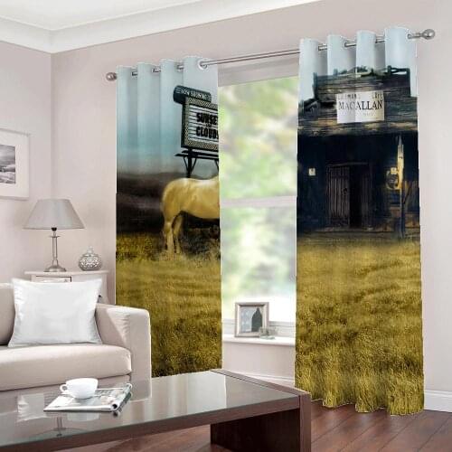 White horse grassland Creative Wooden house Photo Curtains Large Window For Living room Bedroom Half-Blackout Drapes Home Decor