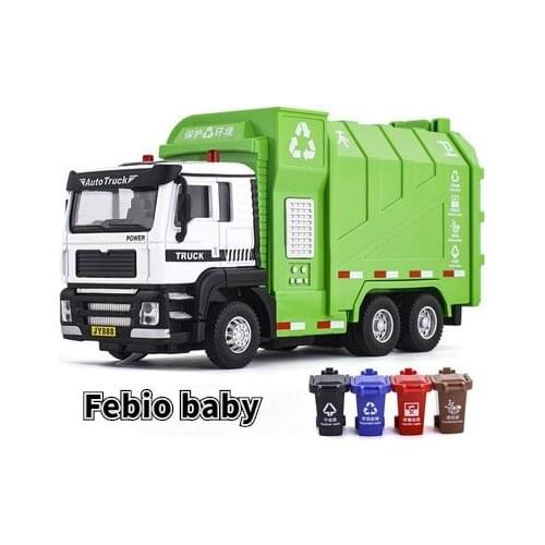 Childrens Sound and Light Pull back Car Simulation Alloy Garbage Truck With 4 Trash Can Hand cranking Operate