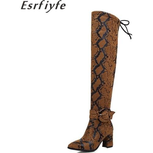 ESRFIYFE New Serpentin Flock Women Over The Knee Boots Lace Up Sexy High Heels Autumn Woman Shoes Winter Women Boots Size 34-46