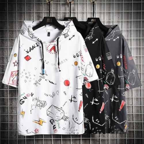 Summer Mens Tshirt Casual Hip Hop Streetwear Loose Hooded Tee Shirts New Men Fashion Letter Printed Harajuku Tops Hoody tshirts