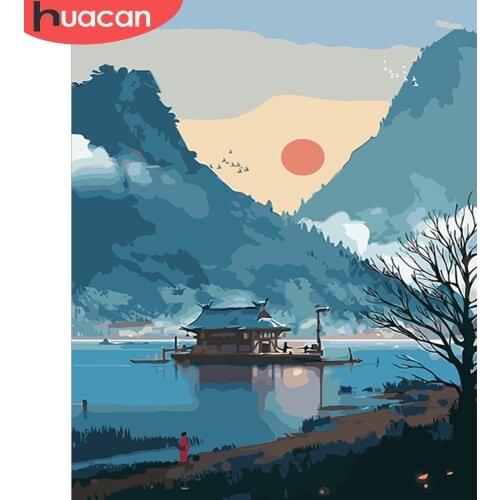HUACAN Oil Painting Mountain Scenery Handpainted Home Decoration Pictures By Number Lake Drawing Canvas Wall Art Gift