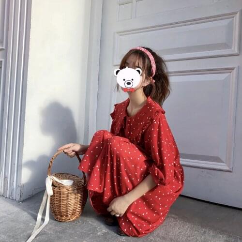Kawaii Bright Red Dots Long Sleeve Dress Mid-calf Long Dress Ruffles Collar Cute 2018 Women Autumn Maxi Dress