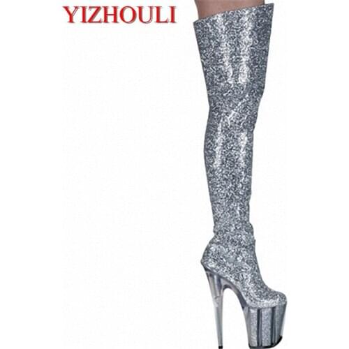 Shining Silver 20CM Ultra High Heels Boots Barreled Platform Fashion PU Leather 8 Inch Performance Shoes Sexy Thigh High Boots