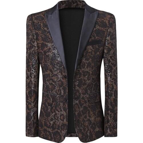 Men Casual Blazer Slim Fit Floral Pattern Tuxedo Jacket Peak Lapel Business Wedding Stage Costume Singer Host Dancer Yellow Blue