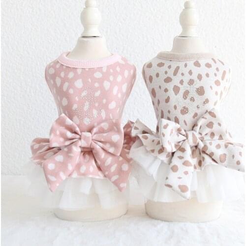 Pet Dog Bleading Bow Lace Dot Pattern Pink White Clothes Spring Summer Dresses For Small Dogs DC791