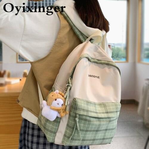 OYIXINGER Womens Contrast Color Nylon school bag Waterproof School Backpack Girls 2021 New Preppy Style Plaid Travel Bag Female
