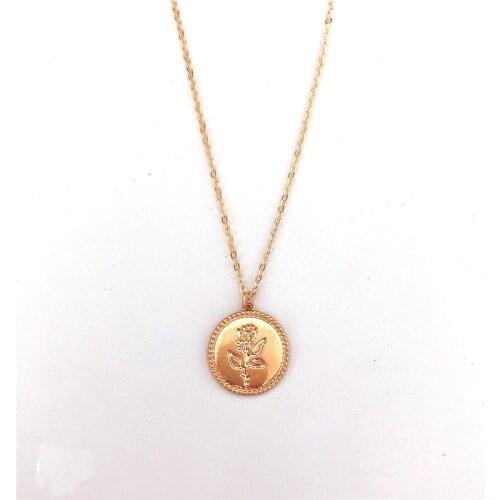 Gold Color Alloy Round Pendant Necklace Rose Flower Necklace For Women Simple Long Chain Coin Necklace Collier Wholesale Gifts